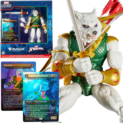 Figura de acción y tarjeta de Spider-Man Marvel Legends Magic: The Gathering Man-Wolf de 6 pulgadas