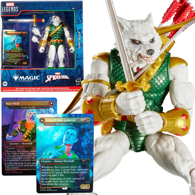 Figura de acción y tarjeta de Spider-Man Marvel Legends Magic: The Gathering Man-Wolf de 6 pulgadas