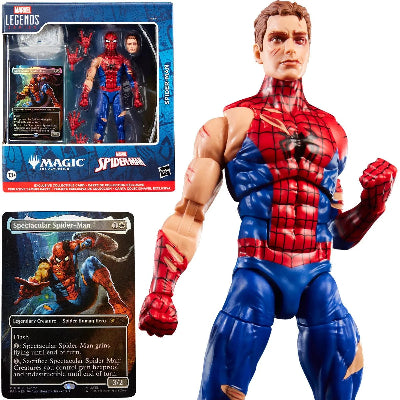 Figura de acción y tarjeta de Spider-Man de 6 pulgadas dañado por la batalla de Marvel Legends Magic: The Gathering