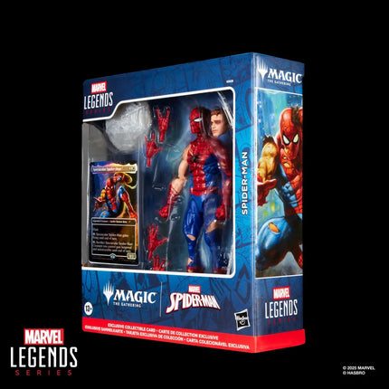 Figura de acción y tarjeta de Spider-Man de 6 pulgadas dañado por la batalla de Marvel Legends Magic: The Gathering