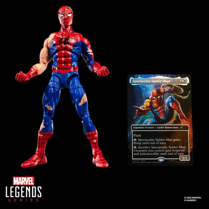 Figura de acción y tarjeta de Spider-Man de 6 pulgadas dañado por la batalla de Marvel Legends Magic: The Gathering